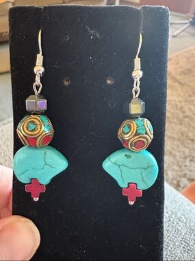 Hand Crafted Turquoise and Red Accent Drop Earrings - Women Jewelry